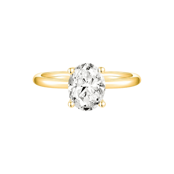 solitaire style four prong oval diamond lab-grown diamond engagement ring in yellow gold