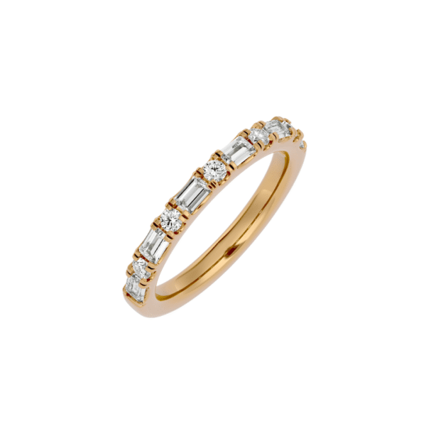 Alternating baguette and round diamond ring in yellow gold